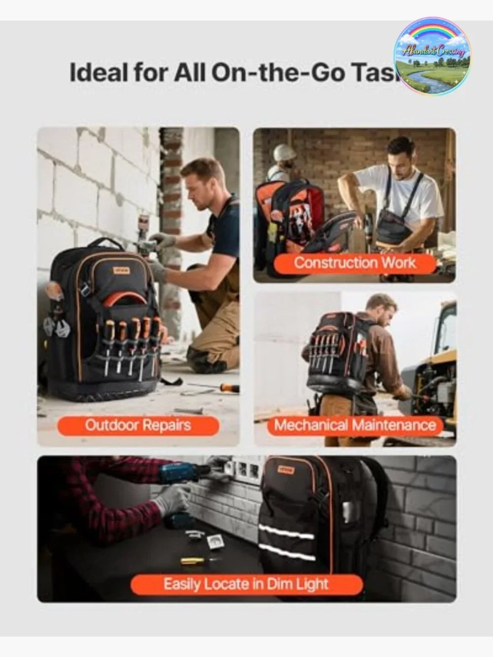 65-Pocket Heavy-Duty Tool Backpack with Laptop Compartment, Molded Base, Oxford